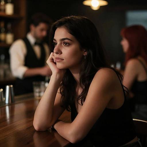 Moody Bar Scene with Engaged Woman