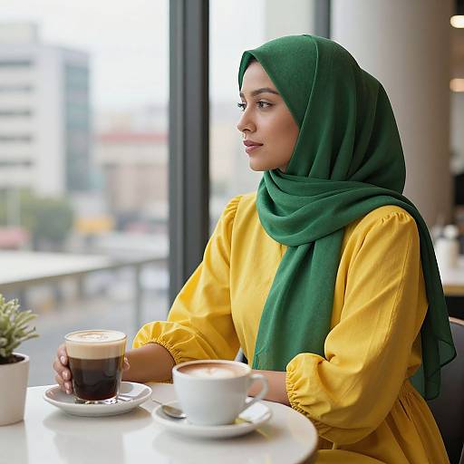 Woman in Green Headscarf by Window