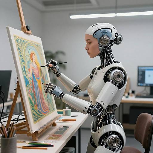Photograph of a white, female humanoid robot with sleek, metallic joints, painting a colorful abstract portrait on an easel in a modern office.