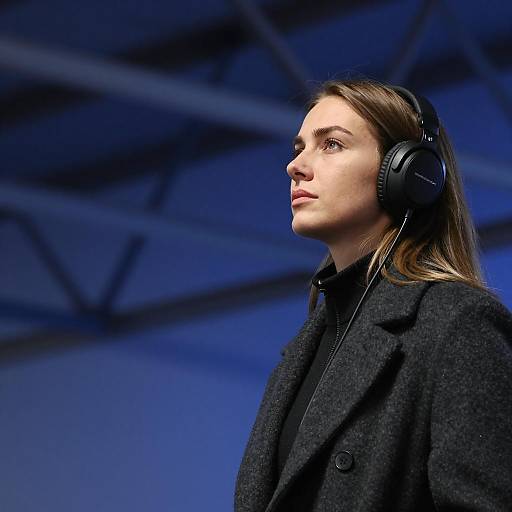 Woman Wearing Headphones with Blue Background