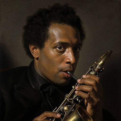 Photograph of a serious Black man with short curly hair, playing a golden clarinet against a dark background, wearing a black shirt.