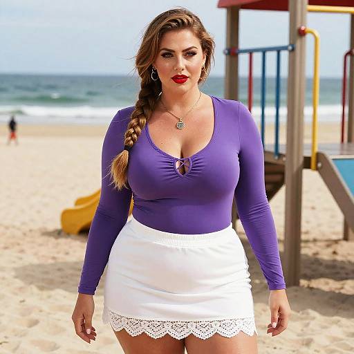 Photograph of a curvy woman with long brown hair in a braid, wearing a purple long-sleeve top and white lace-trimmed