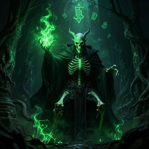 Digital artwork of a skeletal, horned demon with glowing green flames in its hand, surrounded by mystical symbols in a dark, forested setting.