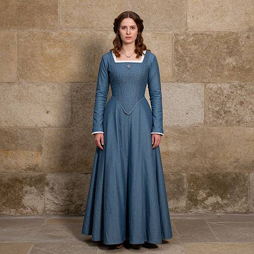 Photograph of a woman with wavy brown hair, wearing a blue, long-sleeved, Victorian-style dress with white lace trim, standing against