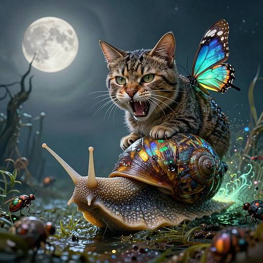 Photorealistic digital art: Tabby cat with blue butterfly wings riding a colorful snail under a full moon, surrounded by glowing mushrooms and insects.