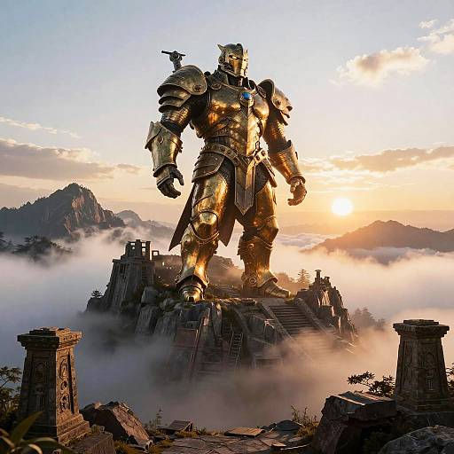 Photorealistic digital artwork of a towering, golden armored knight statue standing on a misty, mountainous castle at sunrise.