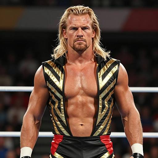 Muscular Male Wrestler in Black and Gold WWE Attire