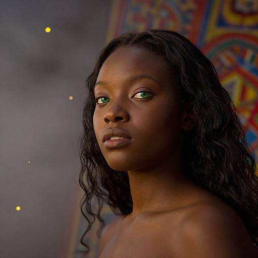 Photograph of a beautiful young Black woman with dark skin, green eyes, and long wavy black hair, looking to the side against a colorful,