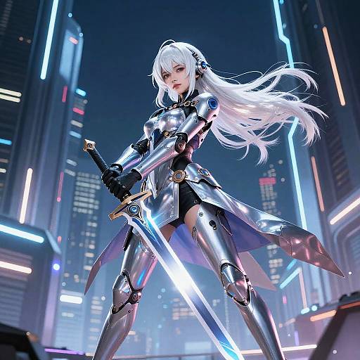 Digital anime artwork of a white-haired, silver-armored warrior woman wielding a glowing sword in a neon-lit, futuristic cityscape.