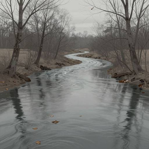 Photograph of a winding, reflective river flanked by leafless trees and brown grass, under a cloudy, overcast sky in winter.