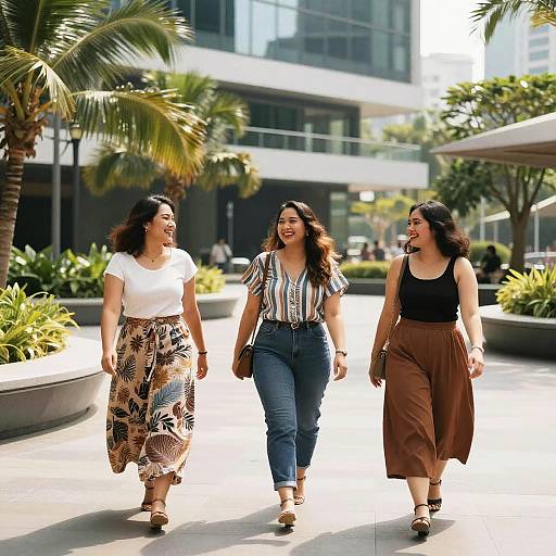 Photograph of three smiling women with curly hair, wearing patterned and striped tops, high-waisted pants, and sandals, walking outdoors in a