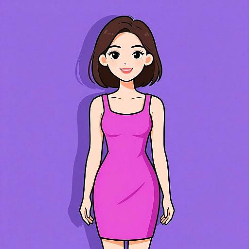 Digital cartoon of a smiling woman with short brown hair, wearing a tight pink dress, against a solid purple background.