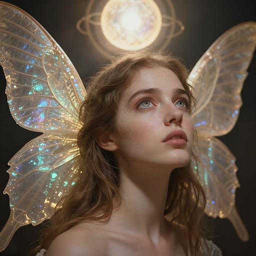 Photograph of a young, fair-skinned woman with wavy brown hair, wearing translucent, iridescent fairy wings, gazing upward at a
