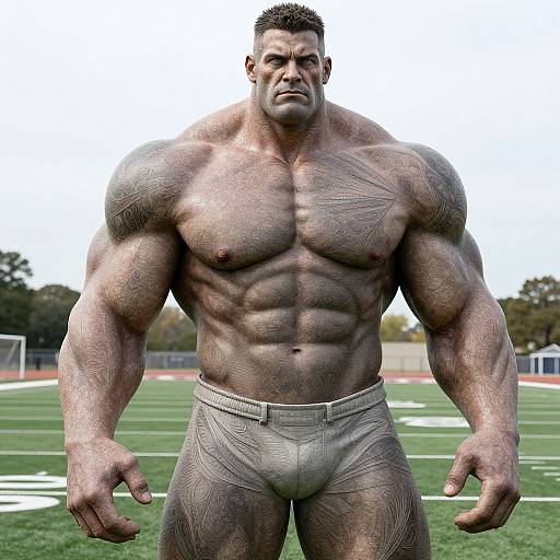 Photograph of a muscular, shirtless man with tattooed arms and chest, wearing tight gray shorts, standing on a football field.
