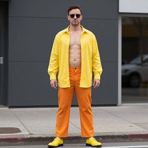 Photograph of a man with short dark hair, sunglasses, yellow shirt, orange pants, yellow shoes, standing shirtless on a city sidewalk.