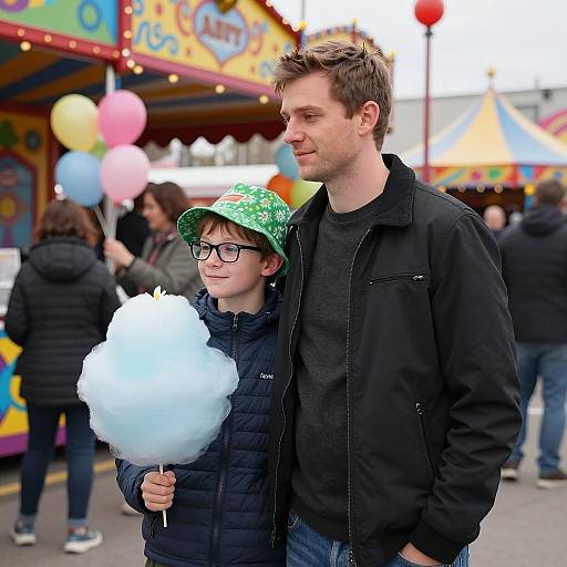 Father and Son Enjoying Cotton Candy at Carnival