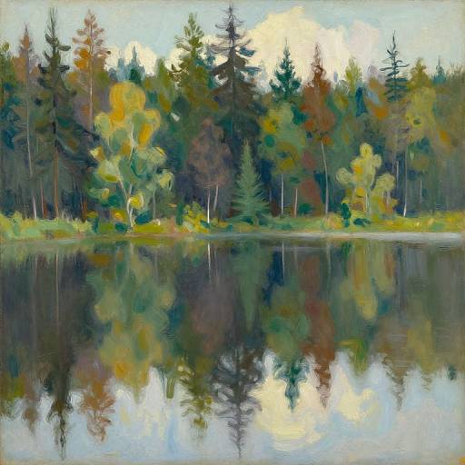 Impressionist-style painting of a serene forest reflected in a calm lake, with autumn hues and a mix of evergreen and deciduous trees.