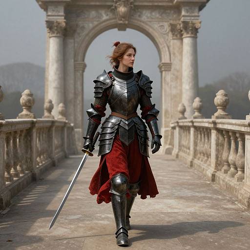 Photorealistic digital art: armored, red-skirted female knight with brown hair, holding a sword, walks on ancient stone bridge with ornate
