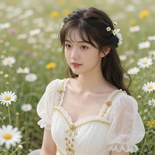 Photograph of an East Asian woman with long black hair, wearing a white lace dress adorned with gold embroidery, standing in a sunlit field of white