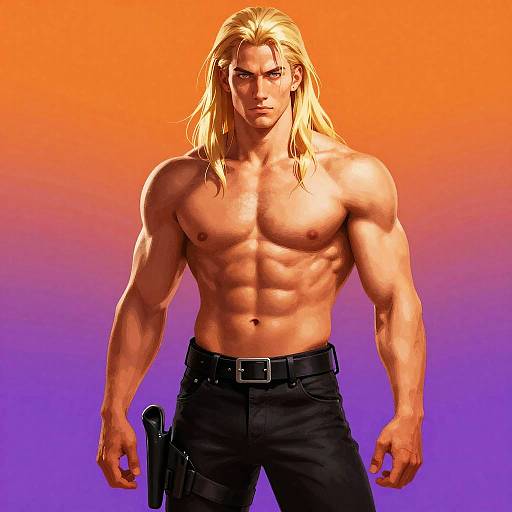 CGI image of a muscular, shirtless blonde man with long hair, wearing black pants and a gun holster, against a gradient orange to purple background