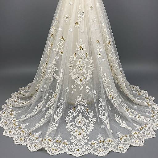 Photograph of an elegant, white lace wedding veil with intricate floral patterns, sheer fabric, and a delicate, flowing hem.