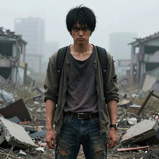 Photograph of a disheveled Asian man with messy black hair, wearing a tattered green jacket and ripped jeans, standing in a ruined, debris