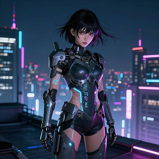 Cyberpunk woman with black hair, glowing neon cityscape background, wearing black, high-tech armor with blue and pink neon lights. CGI.