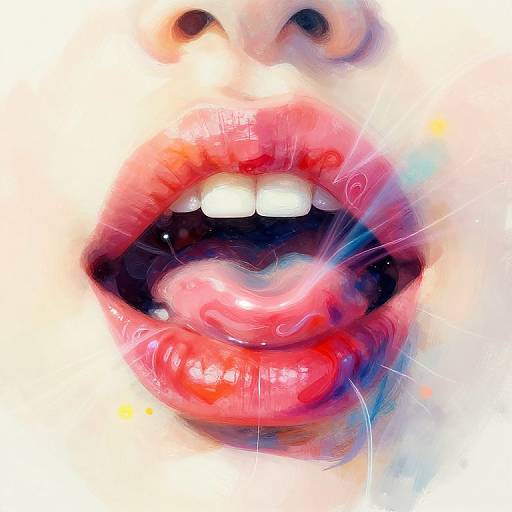 Close-up digital art of a person's open mouth with vibrant red lips, tongue out, white teeth, and blurred, colorful background.