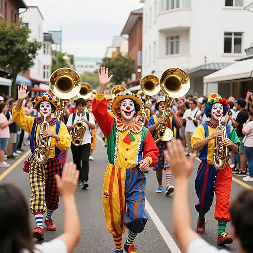 Joyful Street Parade with Colorful Clowns