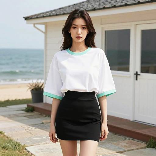 Photograph of an Asian woman with long black hair, wearing a white crop top with teal trim and black mini skirt, standing in front of a beach