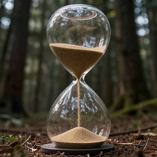 Photograph of a clear glass hourglass with sand in a forest, sunlight filtering through trees, highlighting the sand's movement.