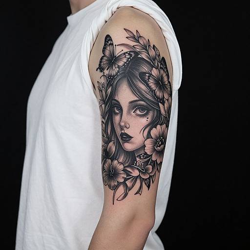 Photograph of a tattooed arm in a white sleeve, featuring a detailed black and gray portrait of a woman with flowers, against a black background.