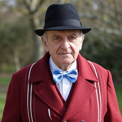 Photograph of an elderly white man with wrinkles, wearing a black bowler hat, red tweed coat, white shirt, blue bow tie, standing