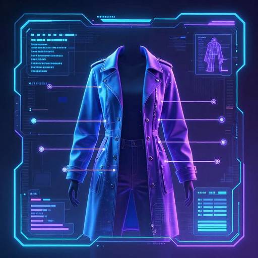 Neon-lit digital display of a futuristic, blue-purple trench coat with glowing lines and technical data overlay, resembling a high-tech design interface.