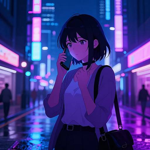 Anime-style digital drawing of a serious young woman with short black hair, wearing a white blouse and black skirt, holding a phone in a neon-lit