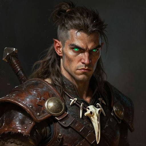 Digital fantasy portrait of a muscular, dark-haired elf with glowing green eyes, wearing dark, leather armor with bone accents, and a sword on his back