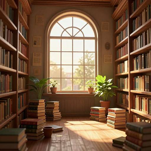 Photograph of a sunlit library with wooden bookshelves, stacked books, two potted plants, and an arched window casting warm light.