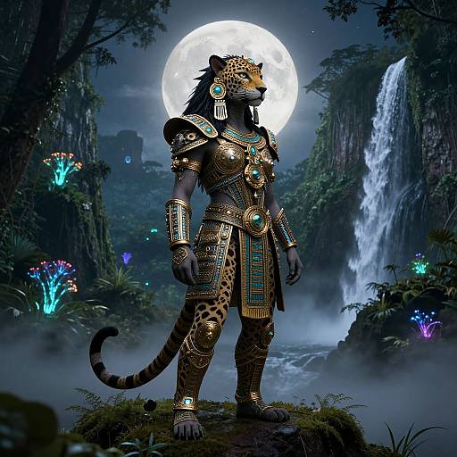 Fantasy digital art: anthropomorphic leopard warrior in ornate, gold and turquoise armor stands under full moon, lush jungle with waterfall and glowing mushrooms in