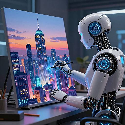 Futuristic AI Artist Creating Cityscape