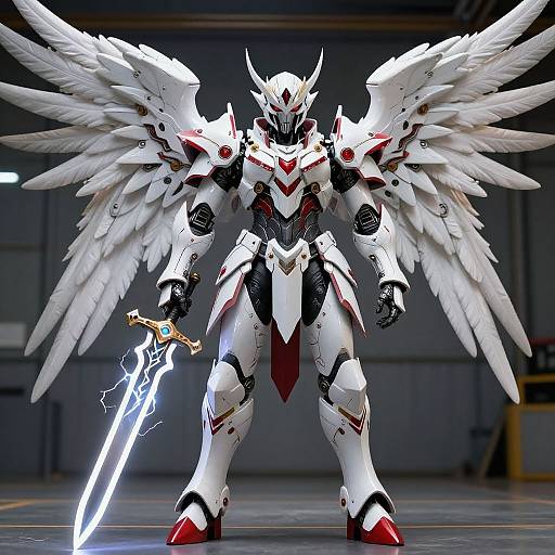Digitally-rendered white and red armored angel warrior with large wings, holding a glowing blue sword, standing in a dimly-lit industrial warehouse.