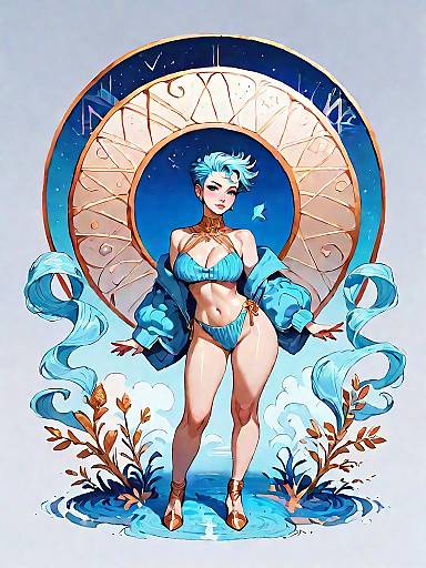 Fantasy Woman in Blue Bikini with Zodiac Wheel