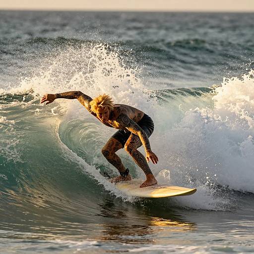 Photograph of a surfer in a black wetsuit riding a breaking wave with sunlight highlighting the spray, ocean in background.