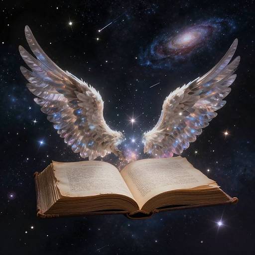 Digital artwork of an open book with glowing pages, floating in space, accompanied by majestic, iridescent angel wings. Stars and a nebula fill