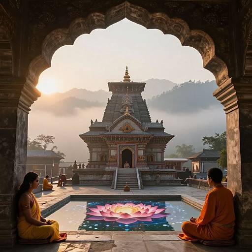 Photograph of two monks in orange robes sitting by a lotus pond, framed by an ornate archway, with a temple and misty sunrise