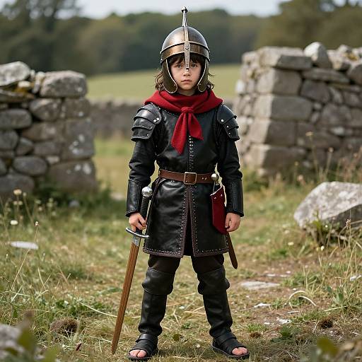 Photograph of a young child in medieval knight armor, red scarf, helmet, holding sword, standing between stone ruins in a grassy field.