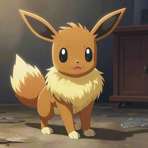 Anime-style digital drawing of a cute Eevee with large, shiny black eyes, fluffy cream-colored chest and tail, standing in a dimly lit