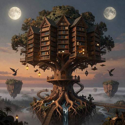 Surreal Library Tree with Floating Books and Twin Moons