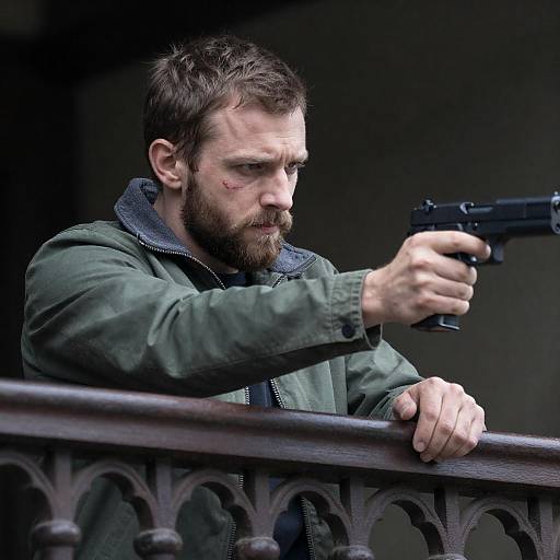 Focused Man Aiming Handgun Through Banister