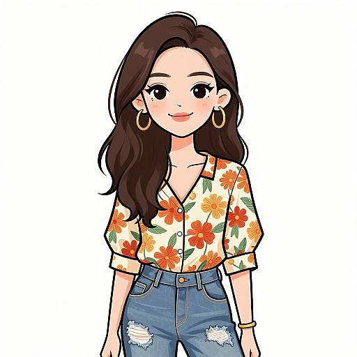 Digital drawing of a smiling woman with long brown hair, wearing a floral shirt, blue jeans, and gold hoop earrings.