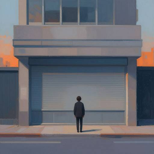 Digital painting of a solitary figure in a black suit standing before a closed, modern building with orange sunset sky behind.